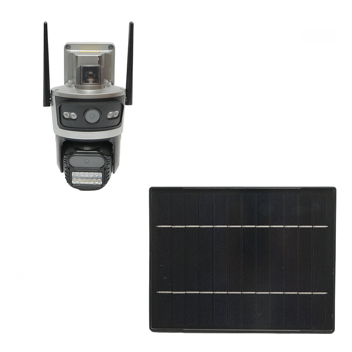 Telecamera di sorveglianza con lente doppia 4 MP, scheda SIM 4G, WIFI 2.4 GHz, pannello solare 7.6W, batteria 18650 a ricarica rapida, rotazione 360° PTZ con sensore di movimento, rilevamento umano PIR, allarme, visione notturna e applicazione iCSee