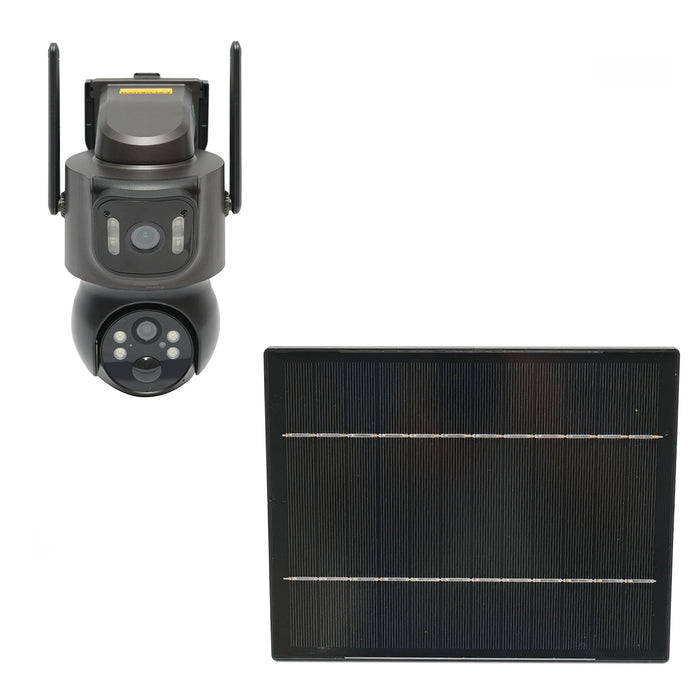 Telecamera di sorveglianza con lente doppia 4 MP, pannello solare 7.6W, batteria 18650 a ricarica rapida, WIFI 2.4 GHz, rotazione 360° PTZ con sensore di movimento, rilevamento umano PIR, allarme, visione notturna e applicazione iCSee