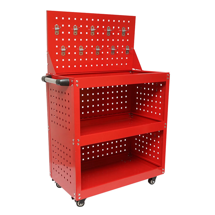 Carrello metallico su ruote con 3 ripiani e pannello con supporti per attrezzi 660x360x1080mm