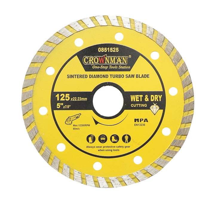 Disco diamantato sinterizzato turbo 125x22,23mm, max. velocità. 12200 giri/min, taglio a umido/a secco per pietra, arenaria, ceramica, marmo Crownman