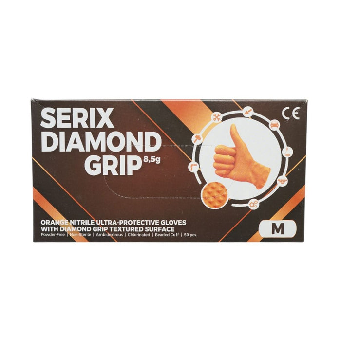 Guanti in nitrile arancioni senza polvere con texture di presa a diamante, taglia M, 50 pezzi/scatola