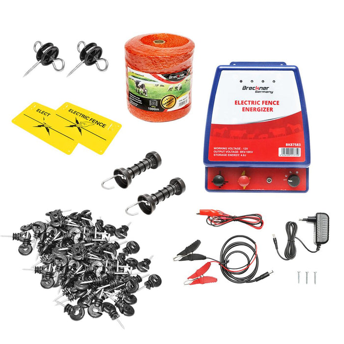 Kit Completo Recinto Elettrico Elettrificatore 12V/220V, 3,5 Joule , Filo 1000 MT, 100 isolatori, set maniglia, recinzioni elettriche Breckner Germnany