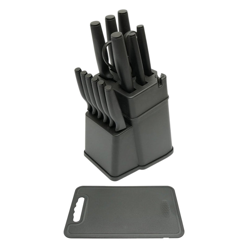Set di coltelli da cucina da 15 pezzi con ceppo, tagliere e forbici; lame in acciaio 3Cr13, manici in PP nero. Breckner Germany