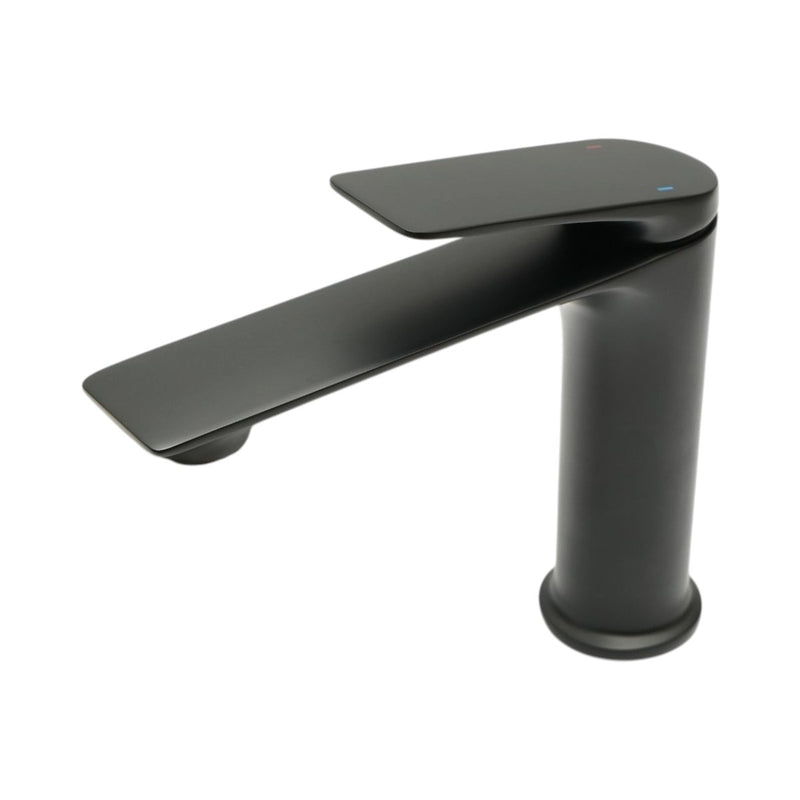Rubinetto premium in rame per lavabo da bagno, con bocca lunga, design rotondo, monocomando, finitura nero opaco e flessibili inclusi.