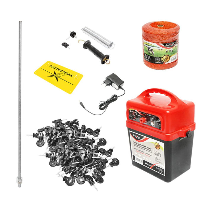 Recinto Elettrico Kit Completo Elettrificatore 9-12V/220V, 1 Joule 5km, Filo 1000 MT, 100 isolatori, set maniglia, recinzioni elettriche Breckner Germnany