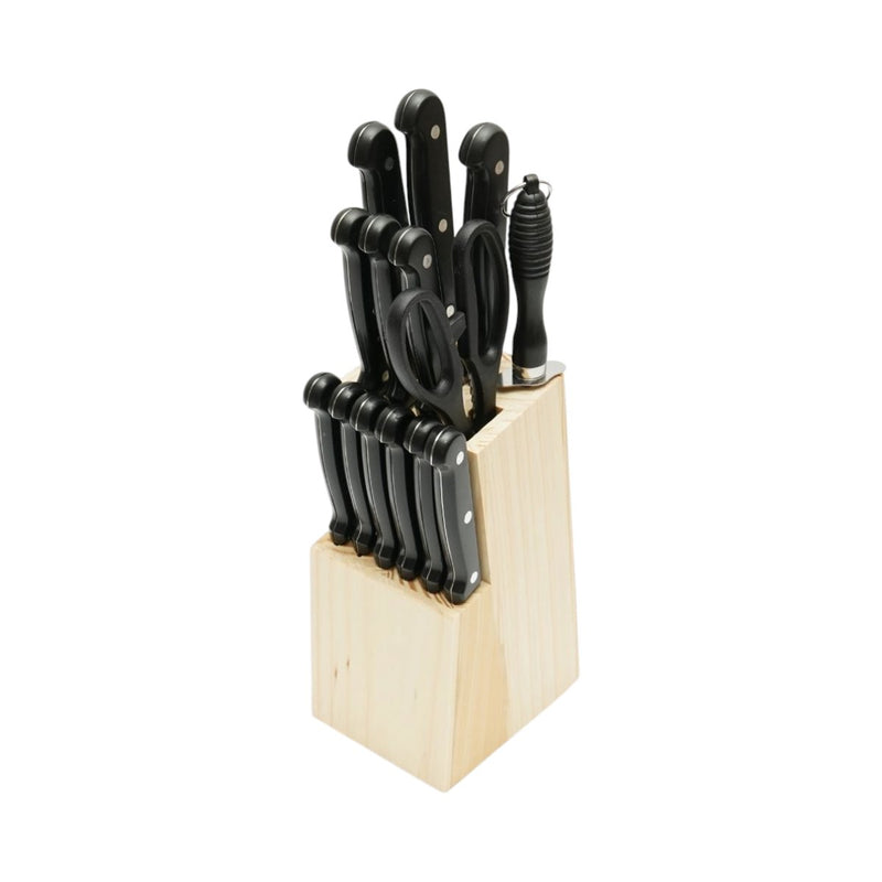 Set di coltelli da cucina da 15 pezzi con ceppo in legno, forbici e acciaino; lame in acciaio 3Cr13, manici in ABS nero. Breckner Germany