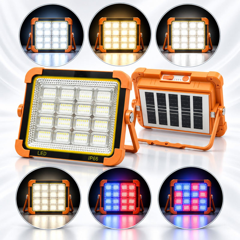 Faretto LED portatile da 500 W con pannello solare da 3 W, batteria da 12.000 mAh, 6 modalità di illuminazione, magnete, gancio e funzione power bank USB. Breckner Germany