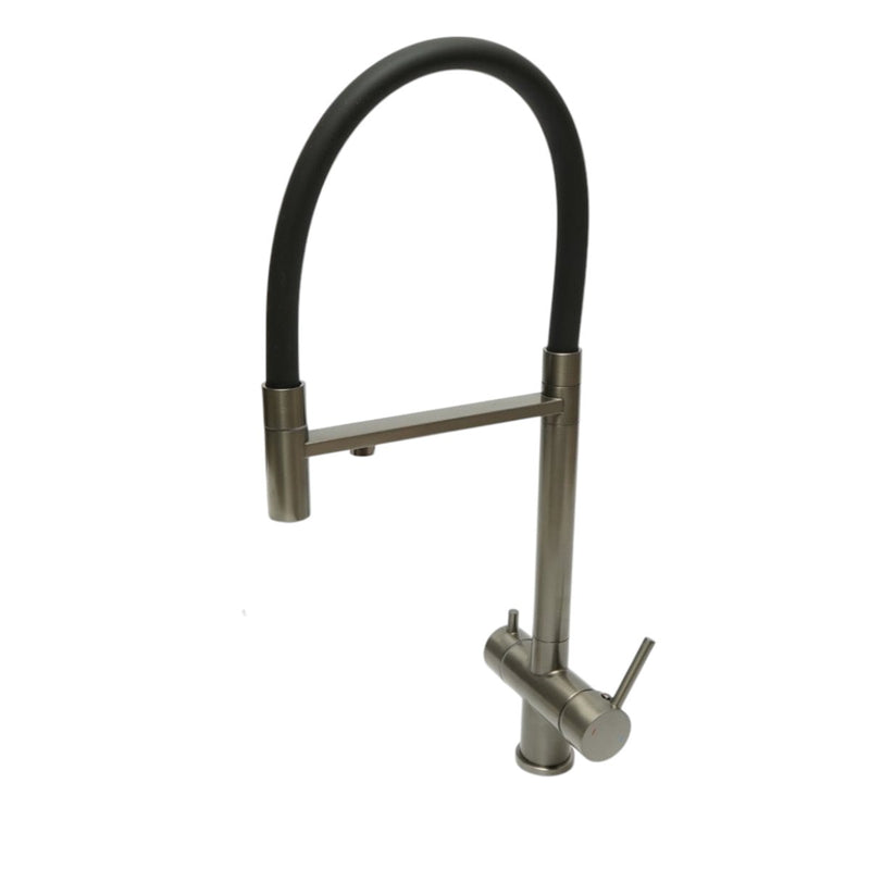 Rubinetto premium in rame per lavello da cucina, con bocca flessibile e doppio comando, finitura grigio grafite satinato, flessibili inclusi.