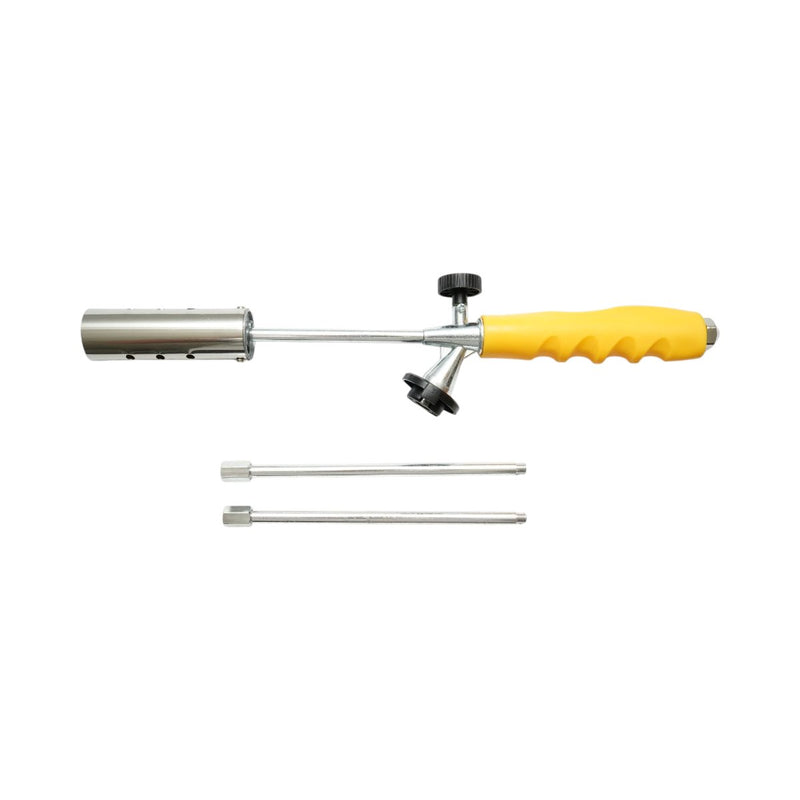 Bruciaerbacce da giardino (380–760 mm), due prolunghe da 190 mm, rotazione a 360 gradi, accensione manuale, fiamma regolabile a 1350°C.