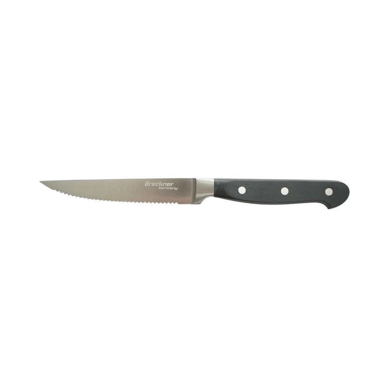 Coltello da bistecca professionale da 11 cm, lama seghettata in acciaio 5Cr15MoV, manico in ABS nero. Breckner Germany