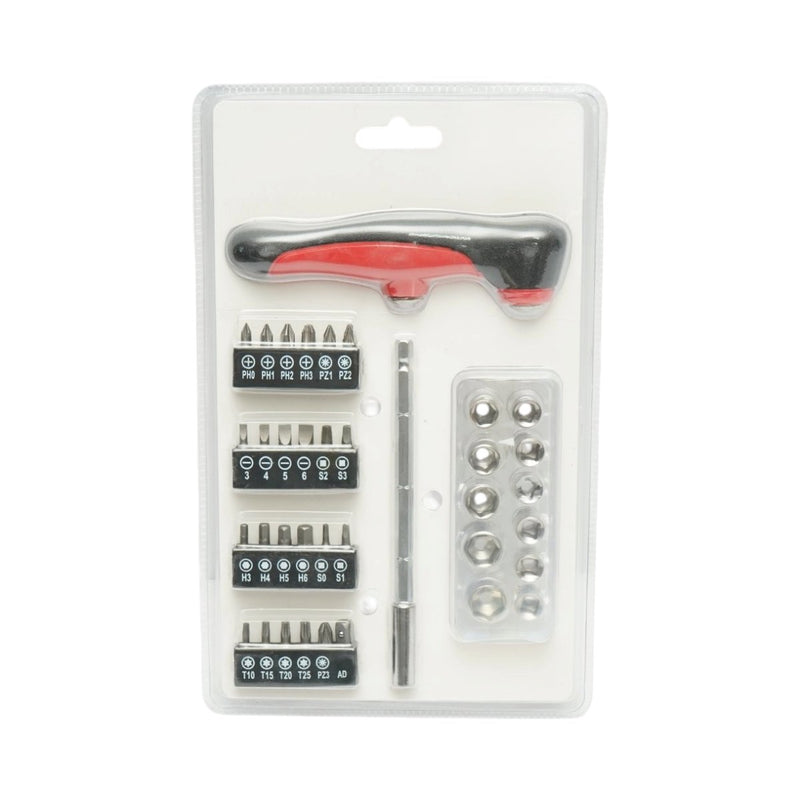 Set di cacciaviti da 37 pezzi in acciaio al cromo-vanadio (Cr-V), con bussole da 4–14 mm e inserti Torx, esagonali, PH, PZ e SL.