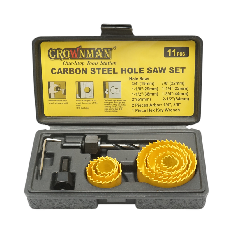 Set di 11 seghe a tazza Crownman in acciaio al carbonio (19–64 mm) per legno, cartongesso e PVC
