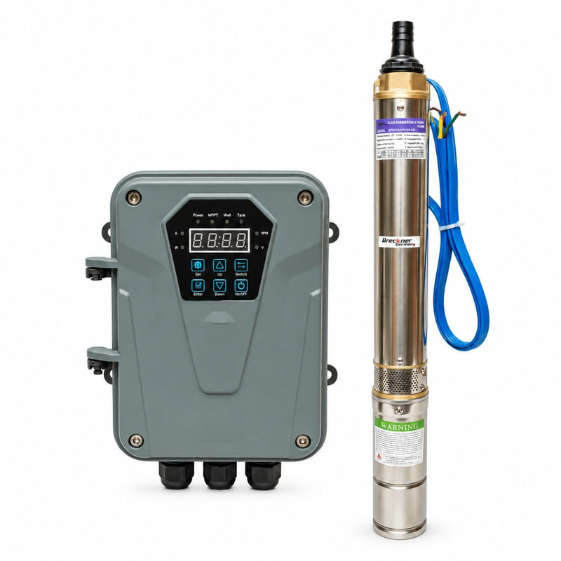 Pompa sommersa solare per acqua in acciaio inox, 1100 W, 110 V, Ø76 mm, portata 6 m³/h, motore Brushless, controller MPPT, prevalenza 84 m, modello 3SYD6-84-110-1100 Breckner Germany