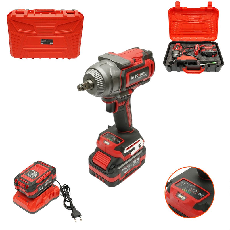 Avvitatore a impulsi da 1/2" 900 W, due batterie agli ioni di litio da 21 V 4 Ah, LED, motore brushless, 1100 Nm, 0–1400/1900/2400 giri/min Breckner Germany
