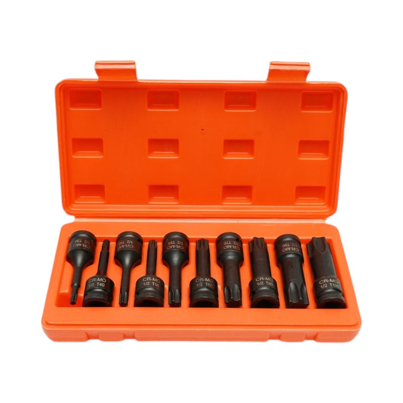 Set di 10 bussole Torx lunghe (T30–T100), attacco da 1/2", in acciaio Cr-Mo Breckner Germany