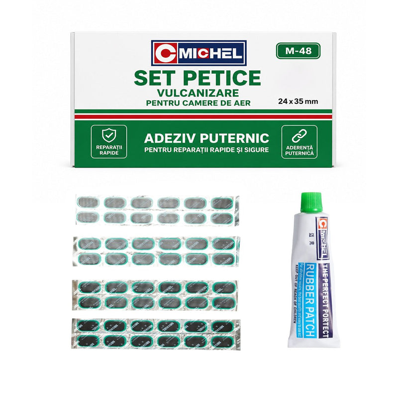 Set di 48 toppe ovali per vulcanizzazione (24x35 mm) + 1 tubetto di adesivo da 20 ml per camere d'aria – M-48 Michel