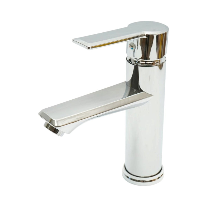 Miscelatore alto e rotondo per lavabo, monocomando, finitura cromata lucida, acciaio inossidabile, flessibili inclusi