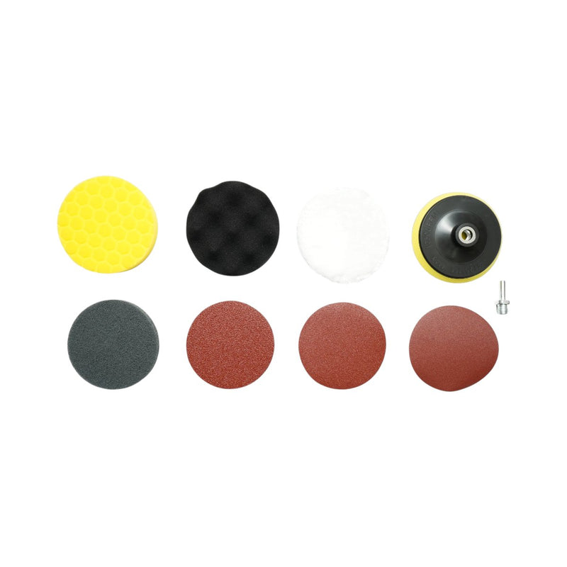 Set da 9 pezzi da 125 mm con attacco a velcro per levigatura e lucidatura: spugne per lucidatura, tampone in lana, tampone abrasivo, dischi abrasivi (P80, P120, P180) e adattatore M14 per smerigliatrici angolari e trapani. Breckner Germany