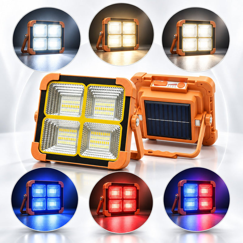 Faretto LED portatile da 100 W con pannello solare da 1,5 W, batteria da 3600 mAh, 6 modalità di illuminazione, magnete, gancio e funzione power bank USB (210x170x55 mm) Breckner Germany