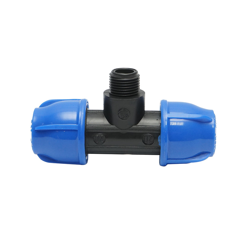 Raccordo a T a compressione a 90° con filetto maschio D20x20 mm x 1/2", PN16 bar, per impianti di irrigazione