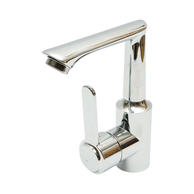 Miscelatore lavabo bagno di forma rotonda, monocomando, finitura cromo lucido, acciaio inox, flessibili inclusi