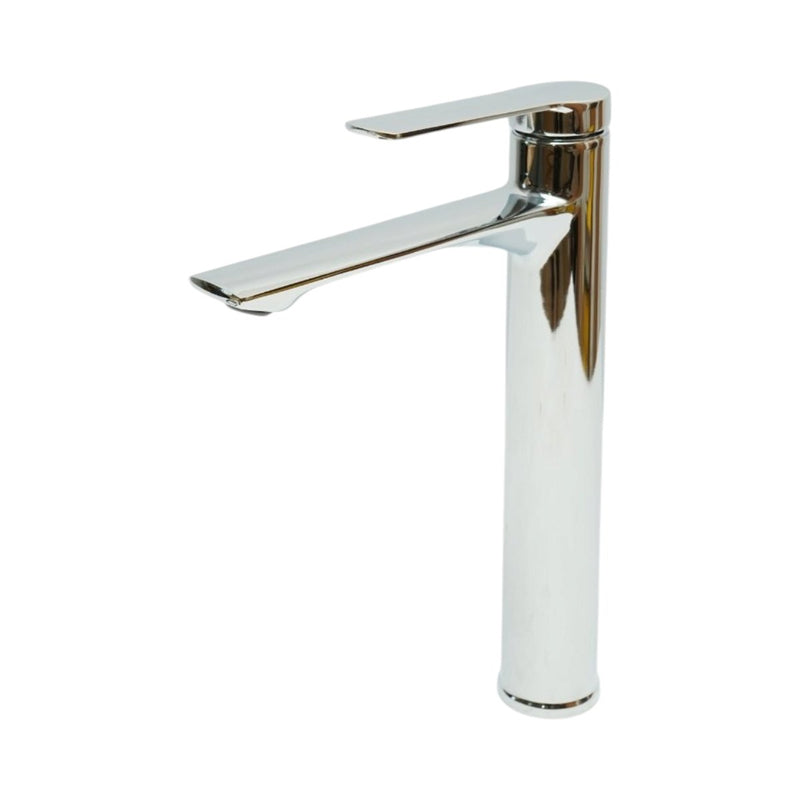 Miscelatore alto e rotondo per lavabo, monocomando, finitura cromata lucida, acciaio inossidabile, flessibili inclusi