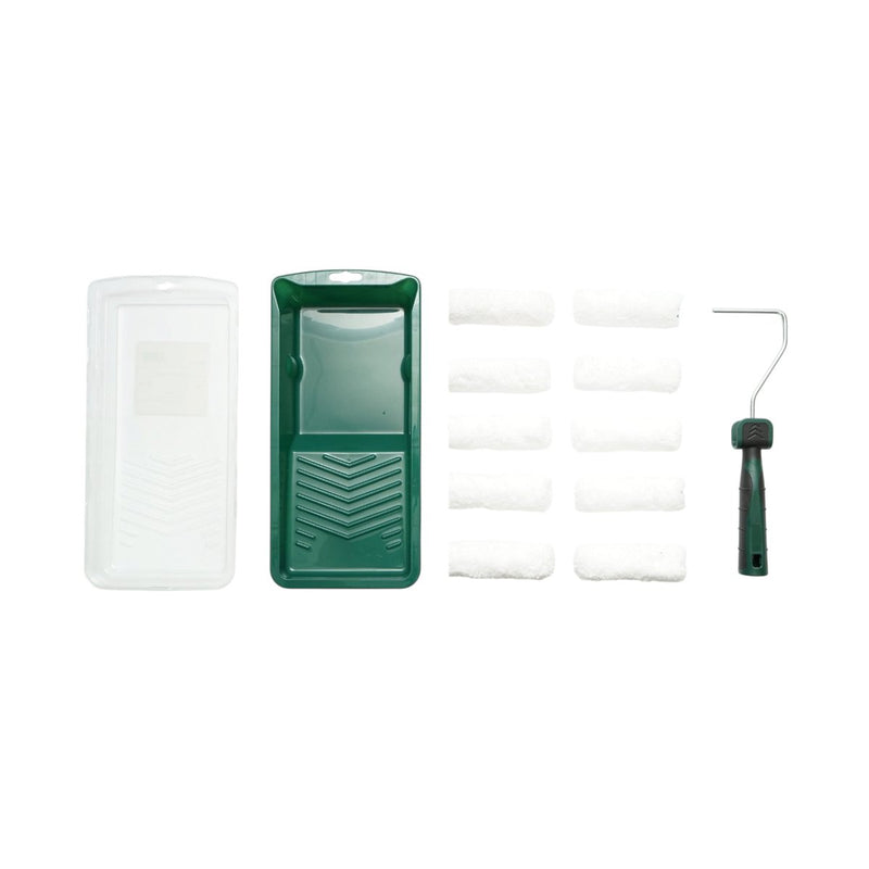 Set di mini rulli per verniciatura con 10 rulli in microfibra (10 cm), impugnatura bicomponente, vaschetta per vernice e rivestimento per vaschetta (13 pezzi) Breckner Germany