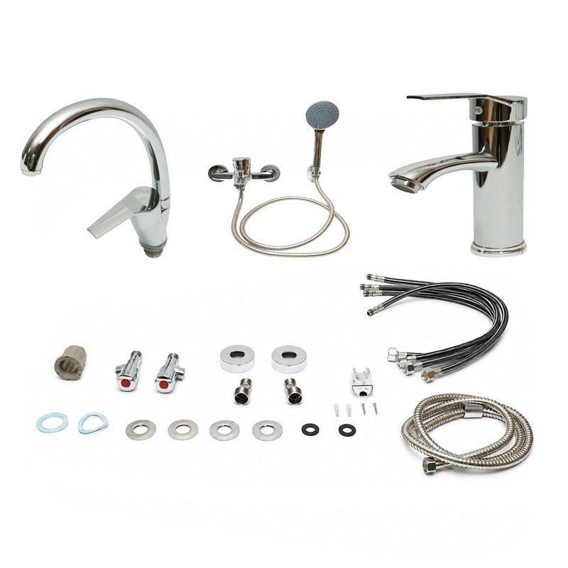 Set di rubinetti 3 in 1 per bagno e cucina: miscelatore per vasca con doccetta e flessibile, miscelatore per lavabo, miscelatore per lavello cucina; monocomando, finitura cromata lucida, lega di zinco, flessibili inclusi.