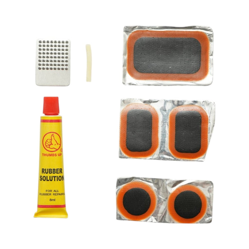 Set di 5 toppe vulcanizzanti per camere d'aria di biciclette, moto, carriole e tuk-tuk (24x35 mm, 25 mm, 32x50 mm) + 1 tubetto di adesivo (8 ml)