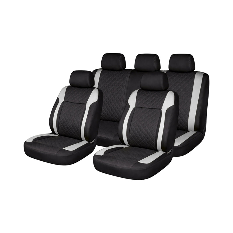 Set coprisedili auto universali Diamond nero-grigio, pelle ecologica trapuntata 9 pezzi