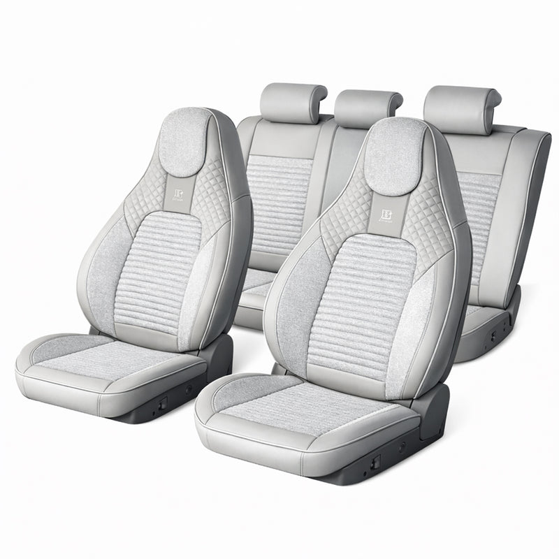 Set coprisedili auto universali premium grigio crema, design ergonomico sportivo, pelle ecologica con inserti tessili, 11 pezzi