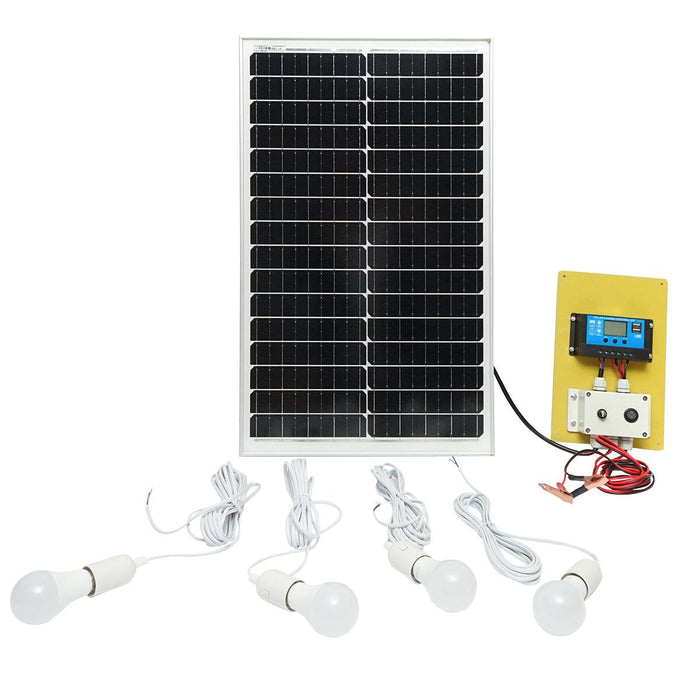 Set Pannello Solare 50W Regolatore Fotovoltaico Monocristallino 10A 2xUSB 12/24V 4 Lampadine LED 9W