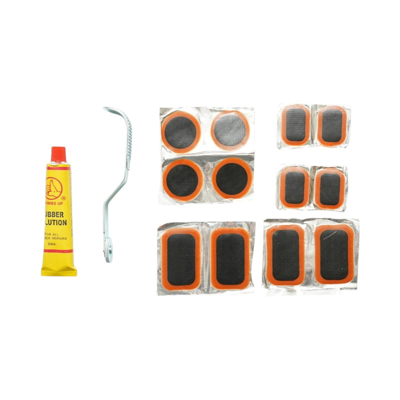 Set di 12 toppe di vulcanizzazione per pneumatici e camere d'aria (25x35 mm, 35 mm, 32x52 mm) + rullo pressore + 1 tubetto di adesivo (20 ml)