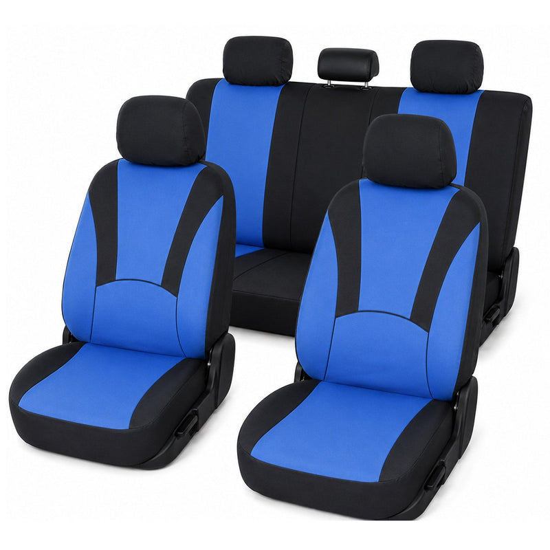 Set coprisedili auto universali blu-nero, materiale tessile 8 pezzi