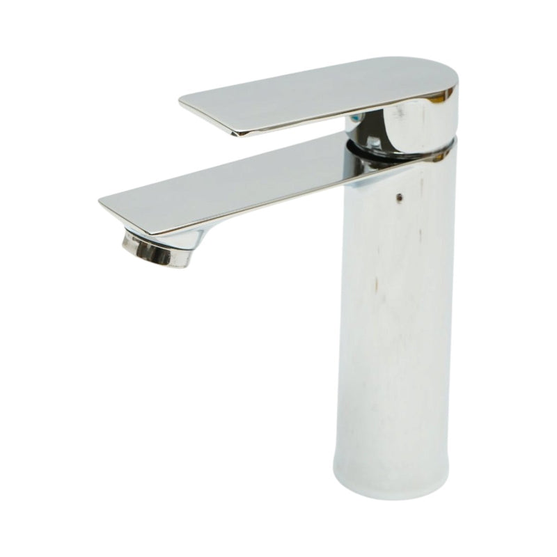 Miscelatore alto e rotondo per lavabo, monocomando, finitura cromata lucida, in lega di zinco, flessibili inclusi