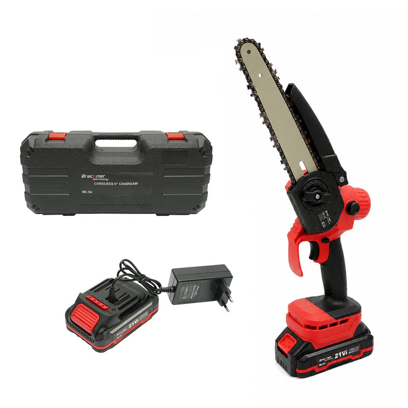 Mini sega elettrica da 500 W con 2 batterie da 21 V, 1,5 Ah Li-ion, lama da 8" (200 mm), capacità di taglio 190 mm, velocità 4600 giri/min. Breckner Germany