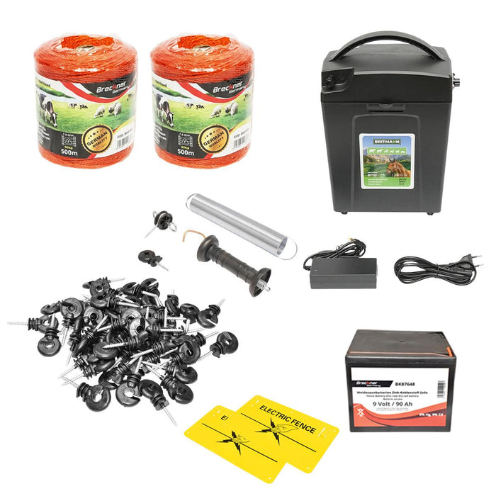 Kit Completo Recinto Elettrico Elettrificatore 9/12V, 0,7 Joule, Filo 1000 MT, 100 isolatori, 2 maniglie porta e molla tensione, batteria a secco 9V/90Ah, recinzioni elettriche Breckner Germnany