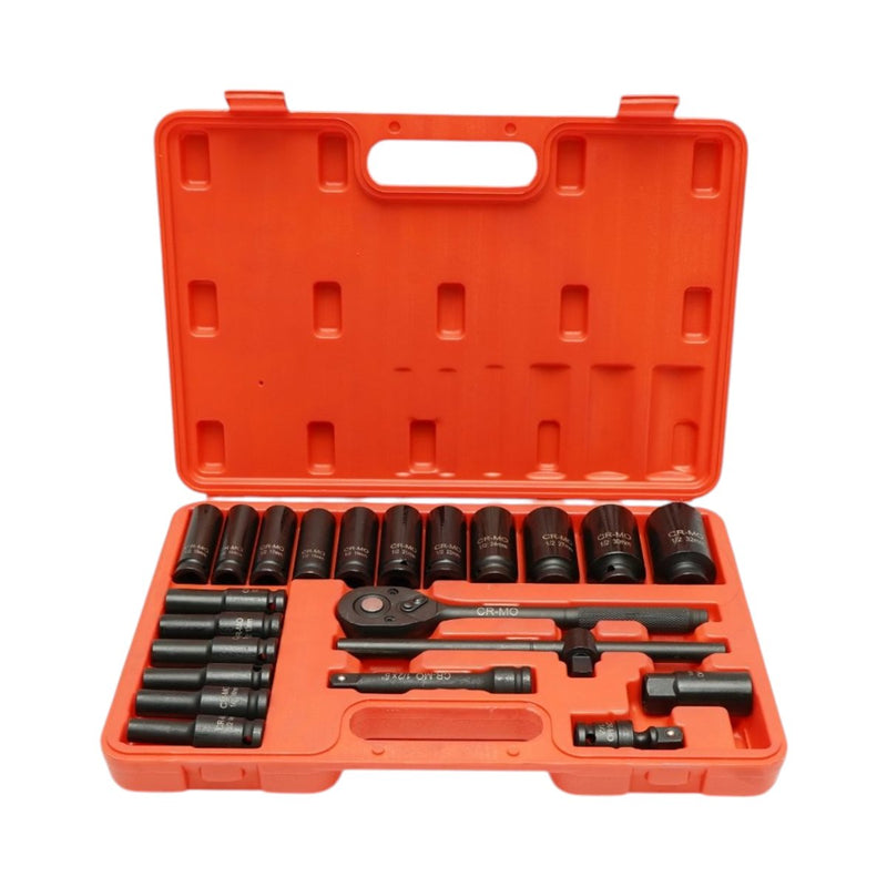 Set di 23 bussole lunghe da 1/2" in acciaio al cromo-molibdeno (8–32 mm), comprensivo di cricchetto, prolunga da 127 mm, impugnatura a T e snodo cardanico Breckner Germany