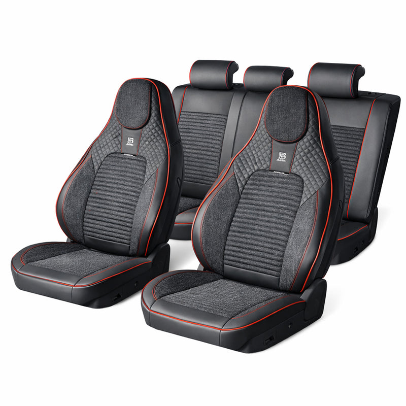 Set coprisedili auto universali premium nero-rosso, design ergonomico sportivo, pelle ecologica con inserti tessili, 11 pezzi