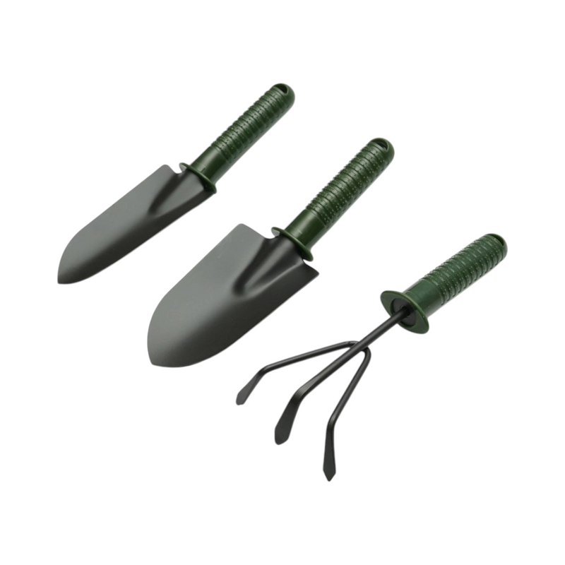 Set di 3 attrezzi da giardinaggio con paletta, trapiantatore, coltivatore e manici in plastica. Breckner Germany