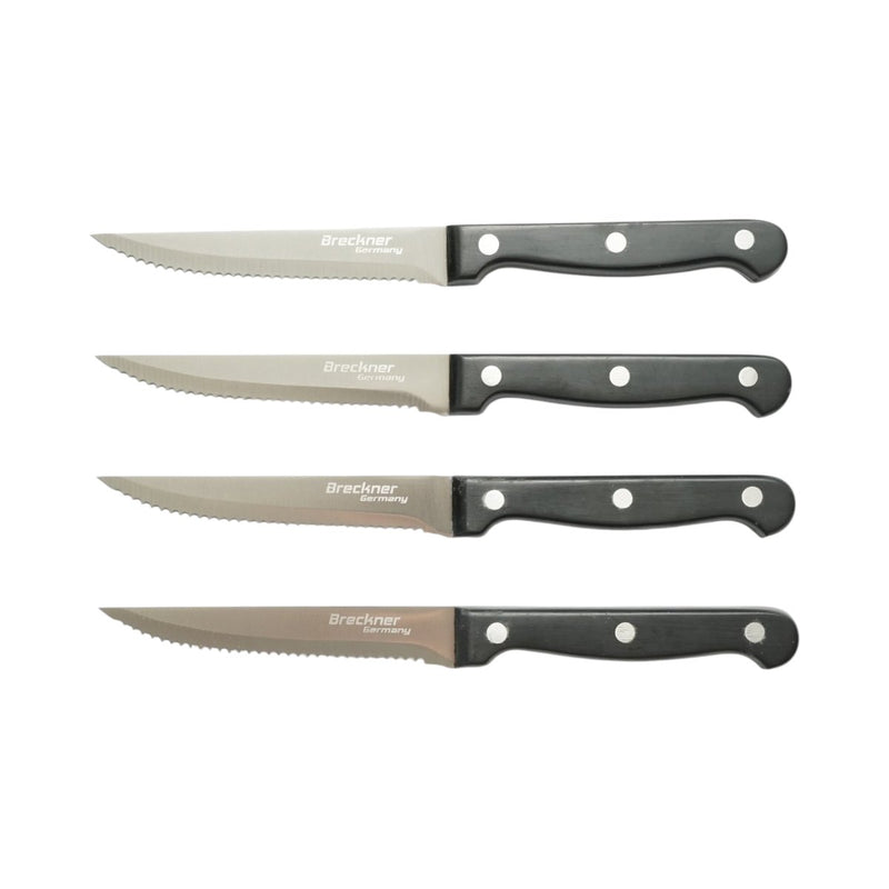 Set di 4 coltelli da bistecca (11 cm), lama seghettata in acciaio 3Cr13, manico in bachelite nera Breckner Germany