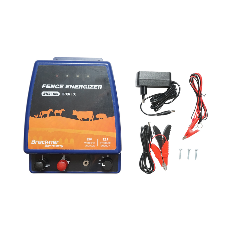 Elettrificatore per recinti elettrici da 12 Joule, 12V/220V, portata 80 km, grado di protezione IPX6 Breckner Germany