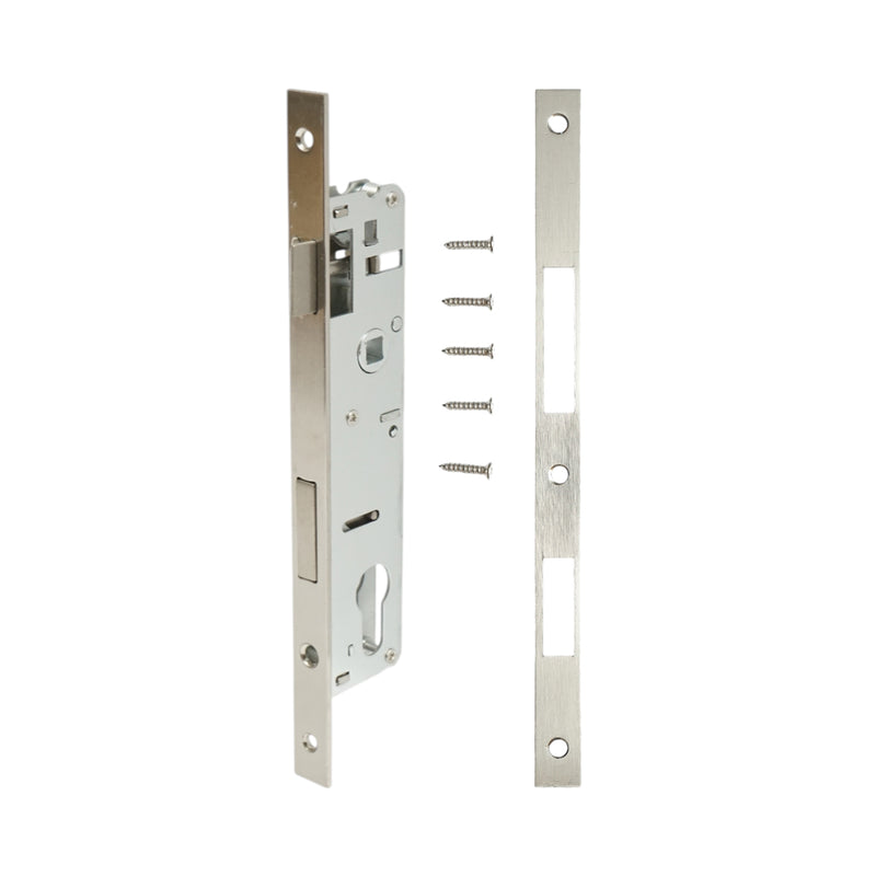 Serratura da infilare con scrocco, scatola 38x174 mm, frontale 16x240 mm, finitura nichel satinato, viti incluse.
