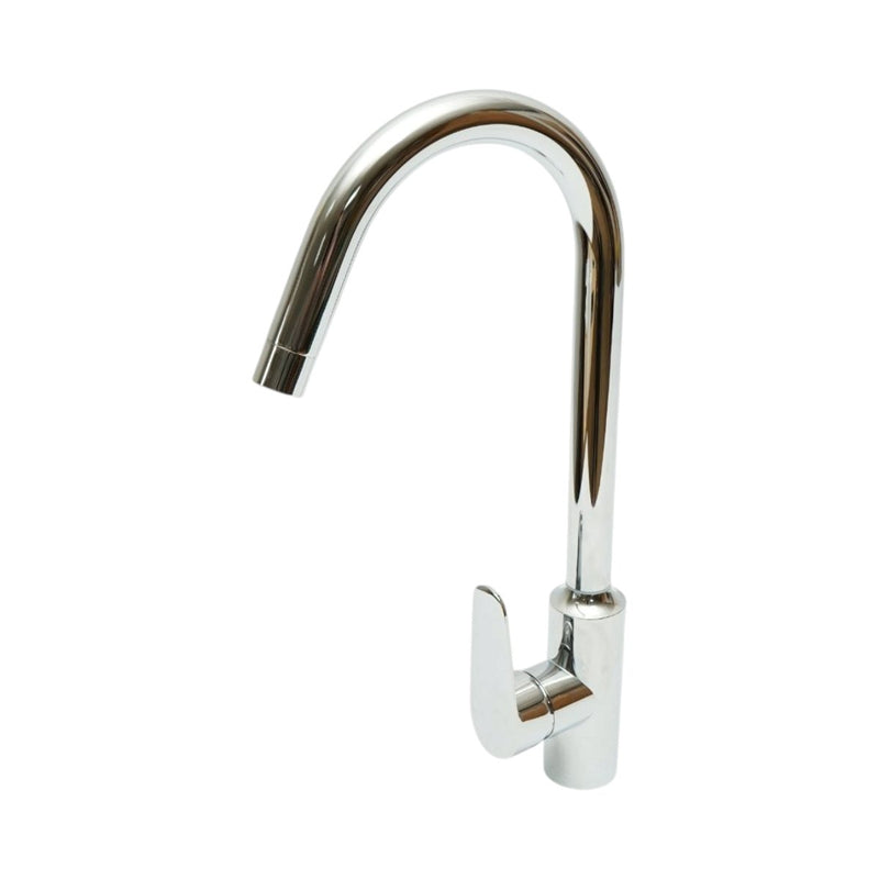 Miscelatore monocomando per lavello cucina con bocca alta girevole a forma di U, finitura cromata lucida, acciaio inox, flessibili inclusi.