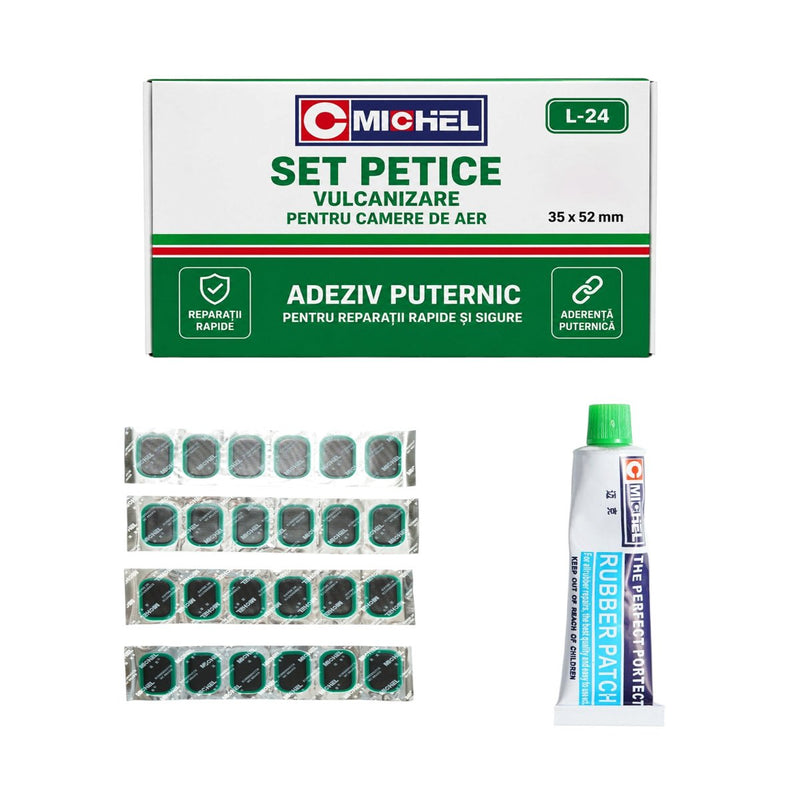 Set di 24 toppe ovali per vulcanizzazione (35x52 mm) + 1 tubetto di adesivo da 20 ml per camere d'aria – L-24 Michel