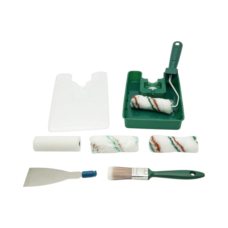 Set per verniciatura da 8 pezzi: telaio per rullo da 10 cm, 2 rulli in poliestere, 1 rullo in microfibra, 1 rullo in spugna, pennello da 25 mm, spatola, vaschetta per vernice. Breckner Germany