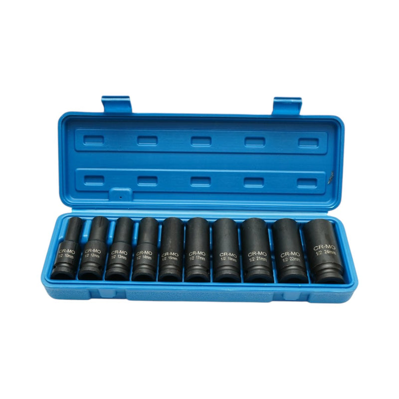 Set di 10 bussole a impatto lunghe con attacco da 1/2" (10–24 mm), Cr-Mo Breckner Germany