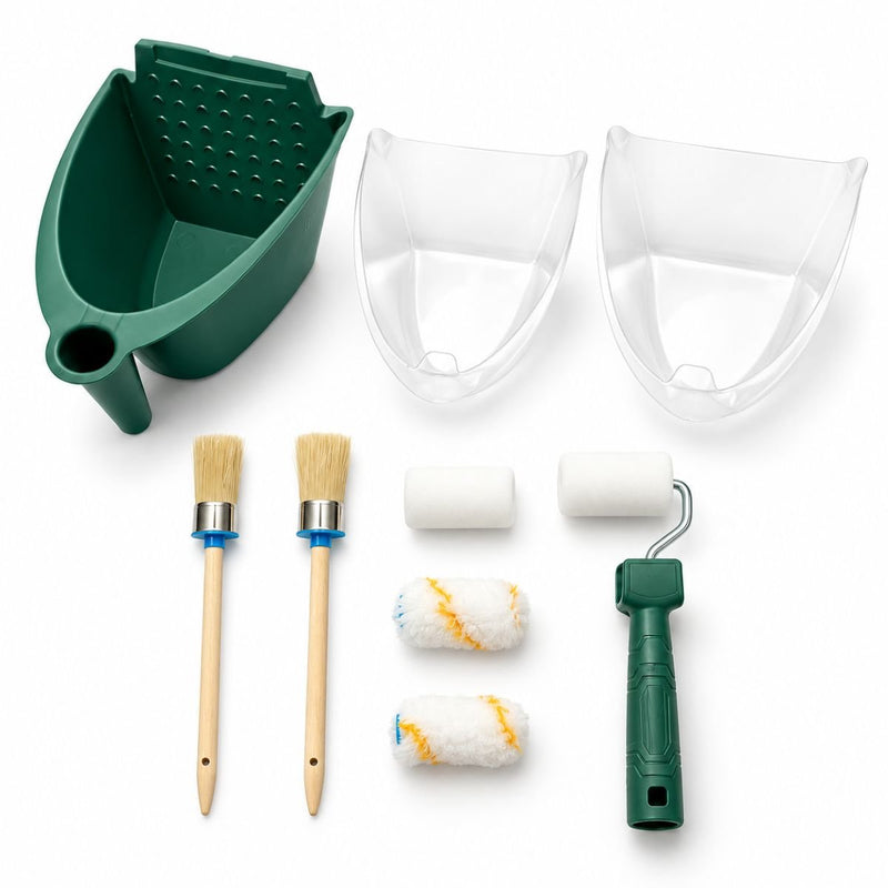 Set di mini rulli per verniciatura da 10 pezzi: rullo da 55 mm, 2 rulli in spugna, 2 rulli in poliestere, 2 pennelli tondi, vaschetta per vernice. Breckner Germany