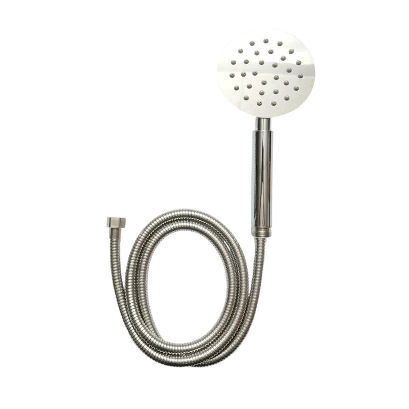 Set doccetta con flessibile zincato da 1,5 m, 1 funzione di getto (effetto pioggia), ugelli in silicone, finitura cromata lucida, acciaio inox, 100x225 mm.