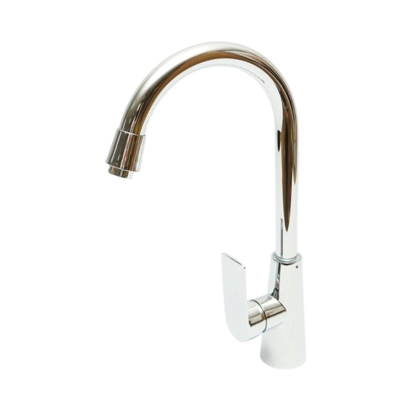 Miscelatore monocomando per lavello cucina con bocca alta girevole a forma di U, finitura cromata lucida, lega di zinco, flessibili inclusi.